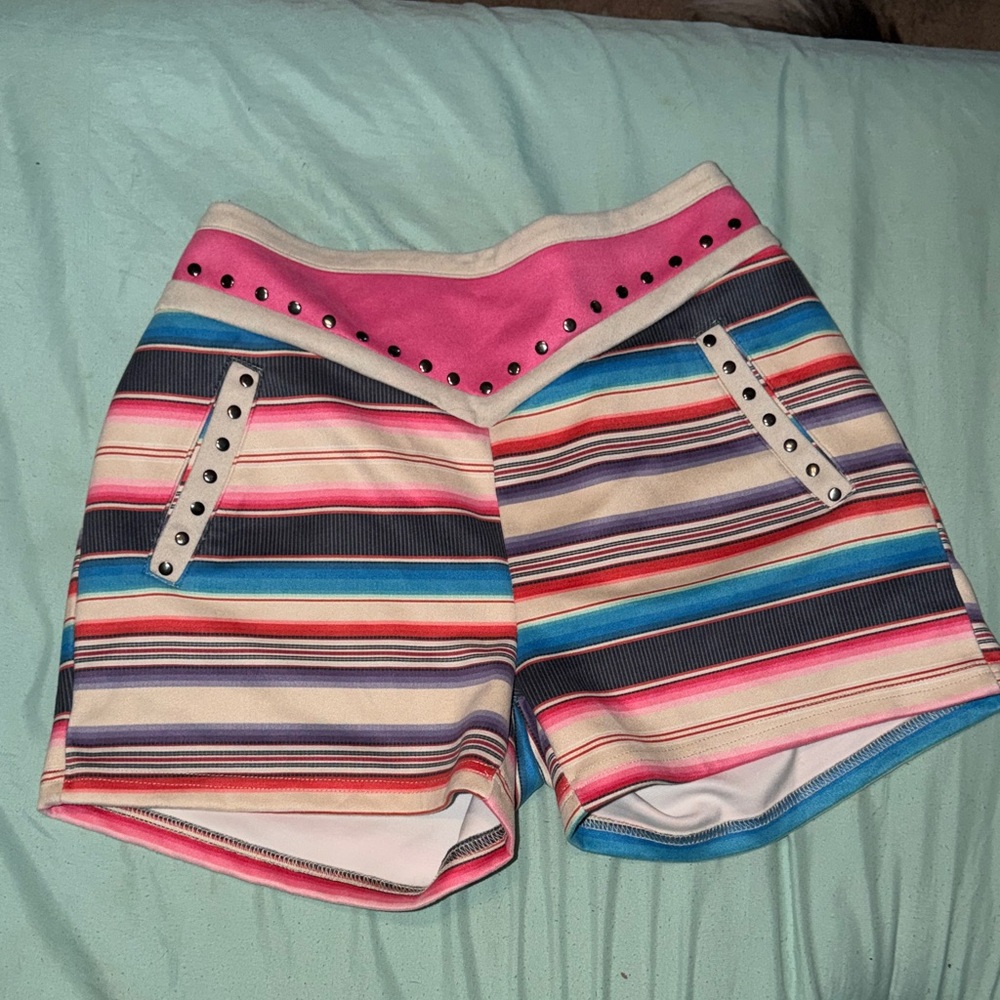 Crazy Train Pink and Blue Striped High Waist Shorts